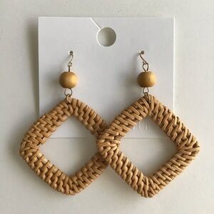 NEW Forever 21 Woven Rattan Earrings Wood Bead Light Triangle Dangle French Wire